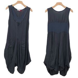 Made in Italy Midi Dress Womens Large Navy Relaxed Fit Linen Bohemian